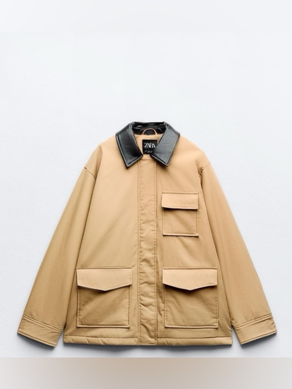 Zara Contrasting Faux Leather Collar Utility Barn Jacket Tan XS